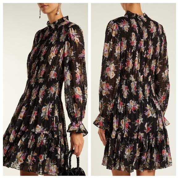 Rebecca Taylor | Women’s Black Floral Smock Dress Silk Ruffles Mock-Neck Flowy M - Picture 2 of 13